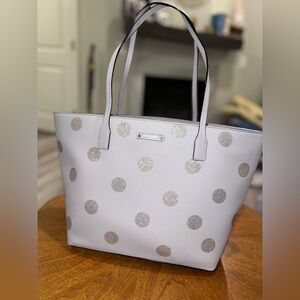 Silver/purple Kate Space polka dot zipper tote bag with matching insert pouch.